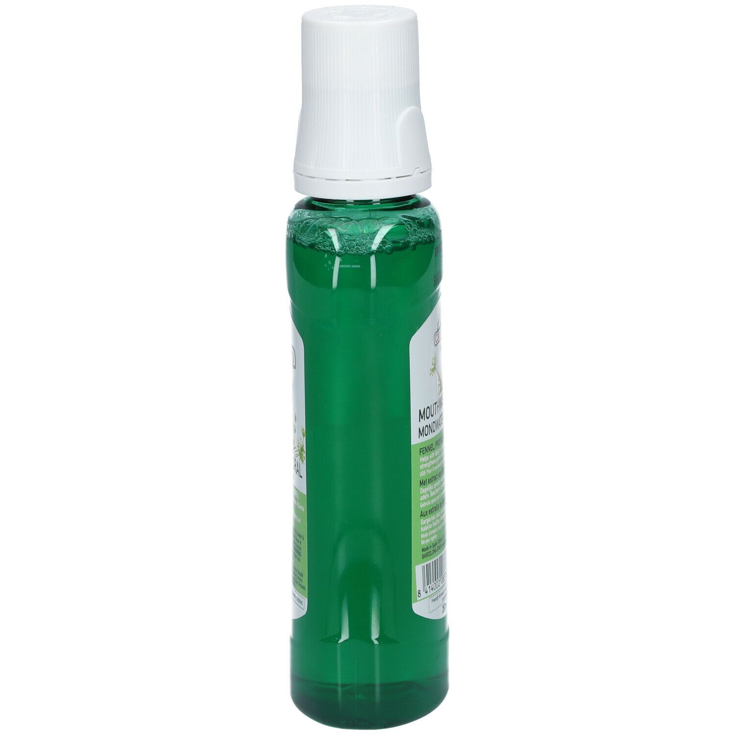 Flacon de bain de bouche vert avec bouchon blanc. Vue latérale. Étiquette avec texte. Corpore Sano.