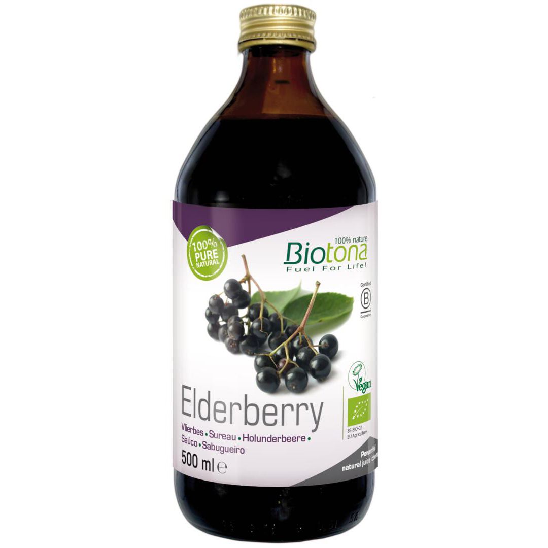 Bruine glazen fles met gouden dop. Etiket met vlierbessenillustratie en 'Biotona'.