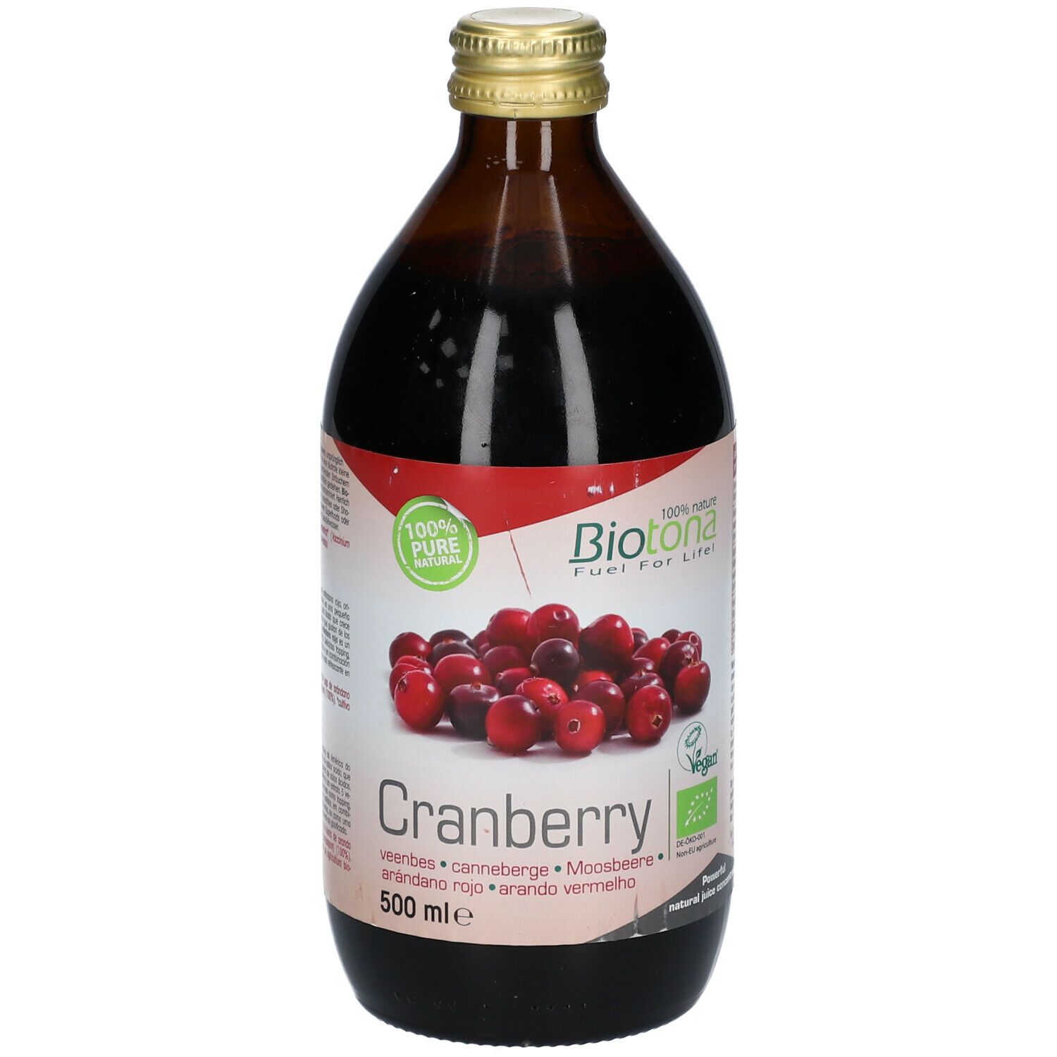 Braune Glasflasche mit Cranberry-Konzentrat. Etikett mit Cranberry-Abbildung, Text und Logo.