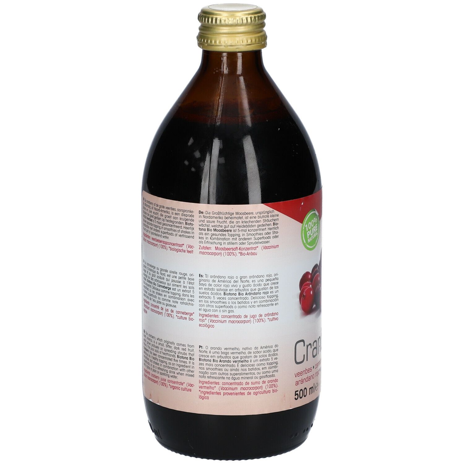 Braune Glasflasche mit Cranberry-Konzentrat. Rückseite mit Textinformationen und Etikett.