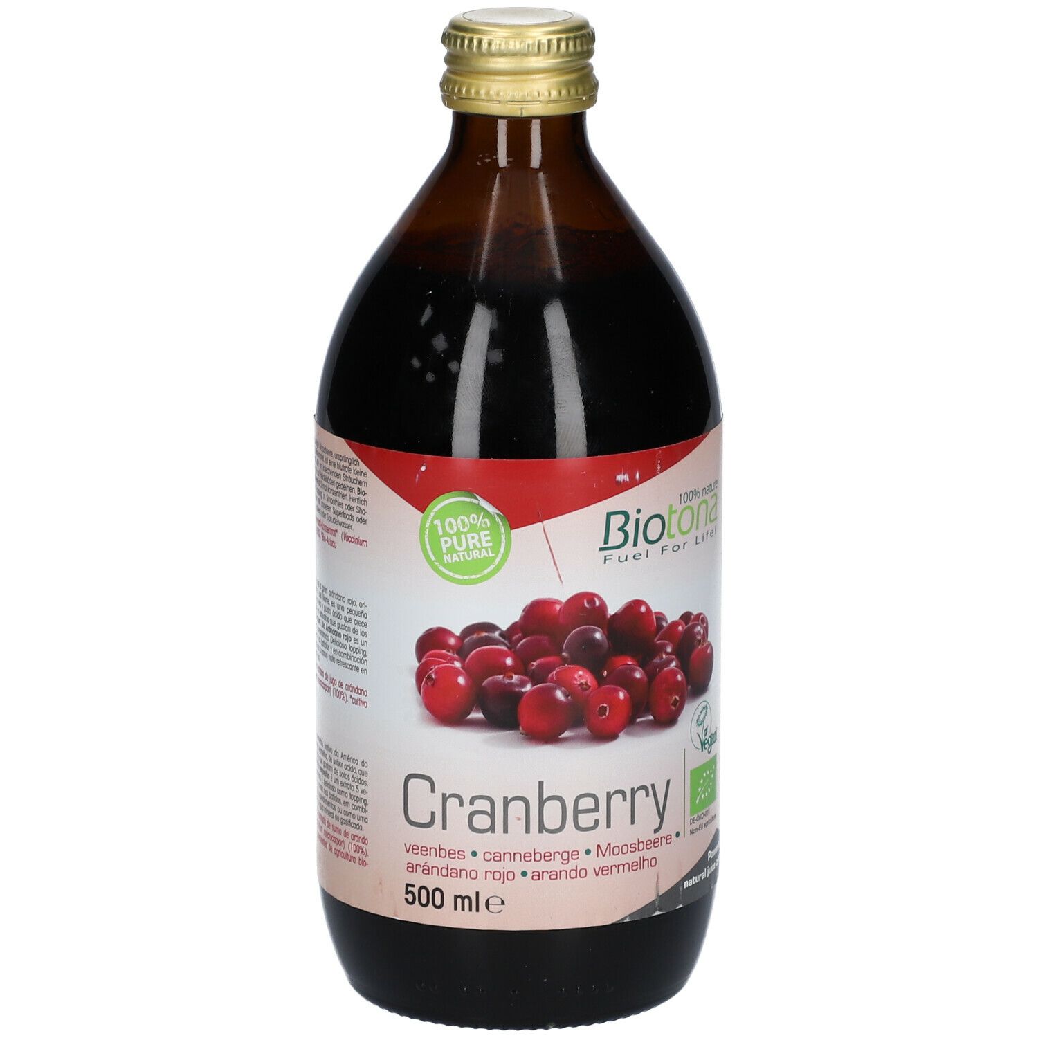 Braune Glasflasche mit Cranberry-Konzentrat. Etikett mit Cranberry-Abbildung, Text und Logo.