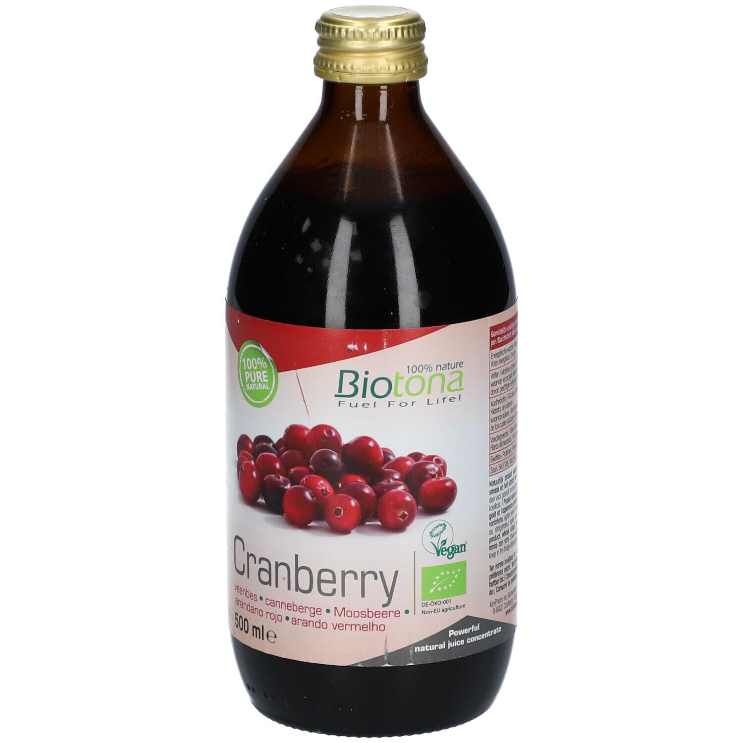 Braune Glasflasche mit Cranberry-Konzentrat. Etikett mit Cranberry-Abbildung, Text und Logo.