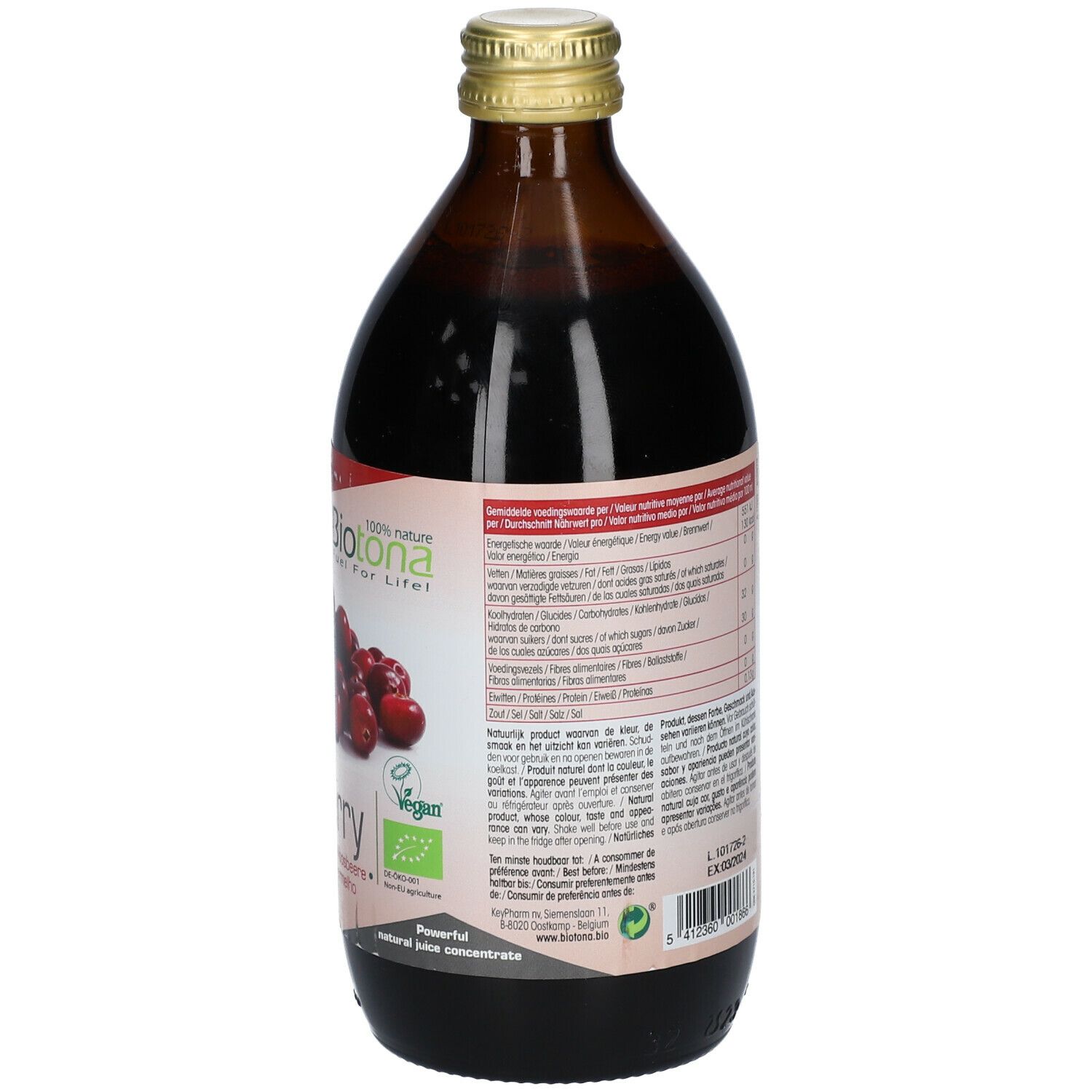 Braune Glasflasche mit Cranberry-Konzentrat. Rückseite mit Textinformationen und Etikett.