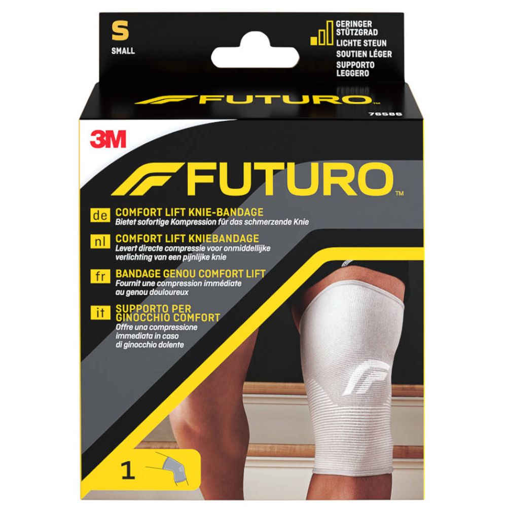 Genouillère 3M FUTURO Comfort Lift, taille S, en boîte. Image du produit avec jambe. Texte: Bandage genou Comfort Lift.