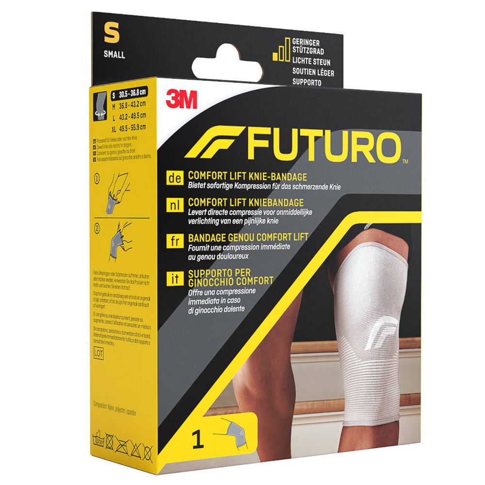 Genouillère 3M FUTURO Comfort Lift, taille S, en boîte. Informations de taille sur l'emballage. Texte: Bandage genou Comfort Lift.