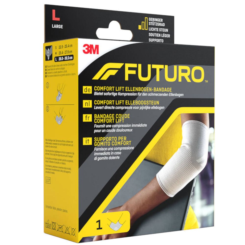 Bandage de coude FUTURO en boîte. Taille L. Dimensions: 25.4-28.6cm. Produit présenté sur un bras.