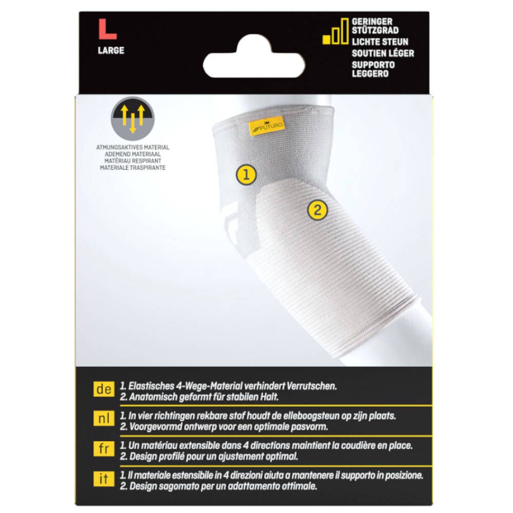 Bandage de coude FUTURO. Détails: Matériau extensible 4 directions, forme anatomique. Texte: Matériau respirant.
