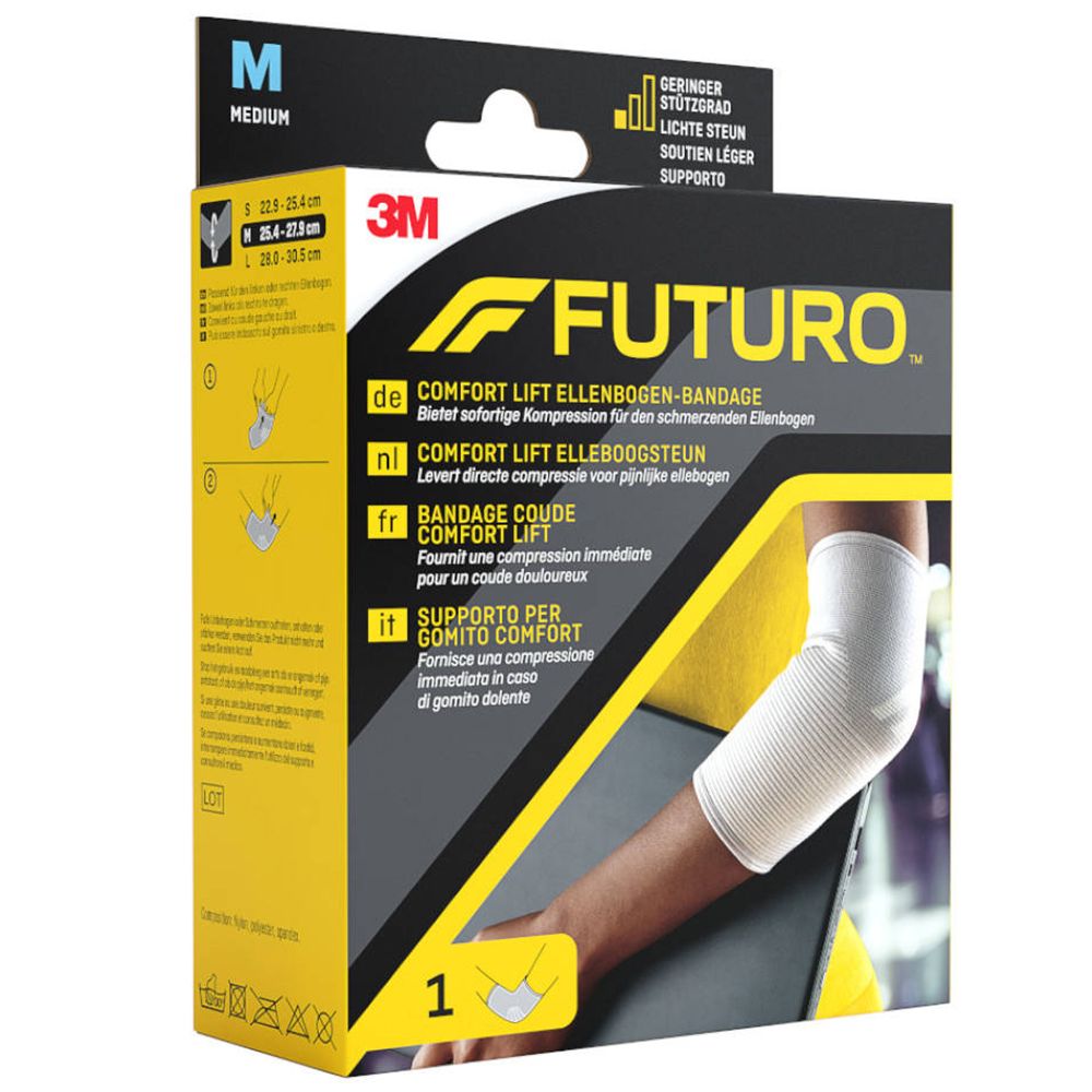Bandage coude Futuro™ Comfort Lift M. Informations sur l'emballage et indications de taille. Logo 3M.
