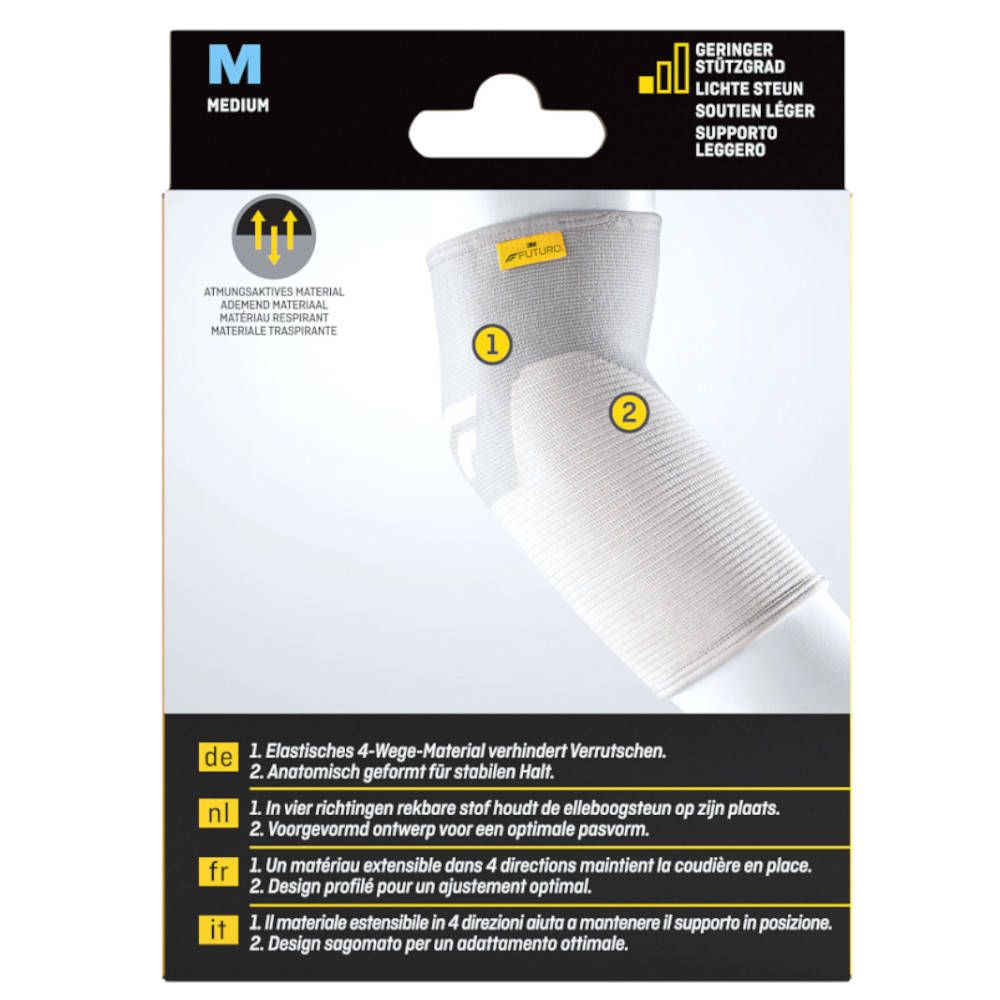 Dos de l'emballage du bandage coude Futuro™ Comfort Lift. Caractéristiques du produit en plusieurs langues.
