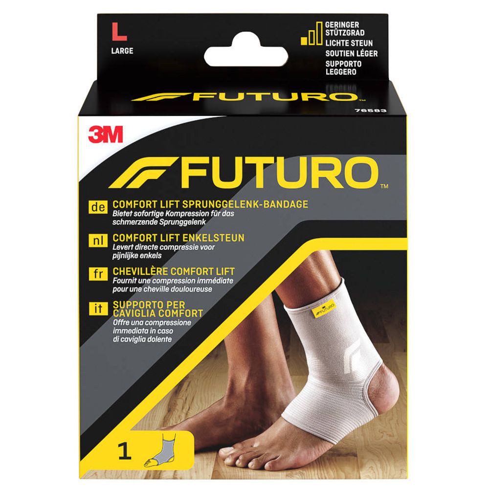 Verpakking van 3M FUTURO Comfort Lift enkelbrace, maat L. Beige brace op voet. Productinformatie in diverse talen.