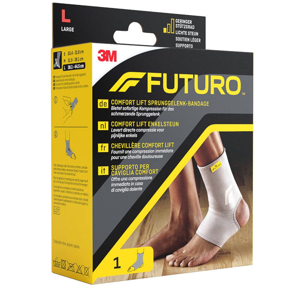 Verpakking van 3M FUTURO Comfort Lift enkelbrace, maat L. Productinformatie, maten en voorbeelden van gebruik.