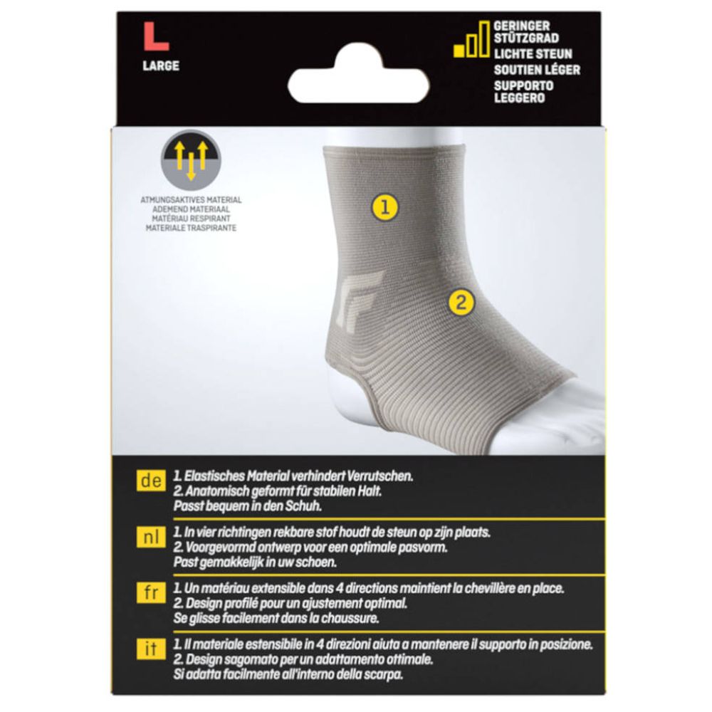 Achterkant van 3M FUTURO Comfort Lift enkelbrace, maat L. Beige brace op voet, met kenmerken en maten.