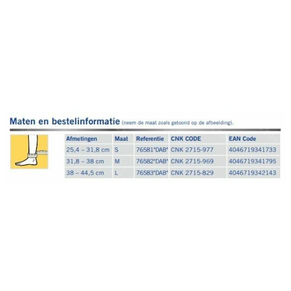 Maattabel van 3M FUTURO Comfort Lift enkelbrace. Maten in cm en referentienummers.