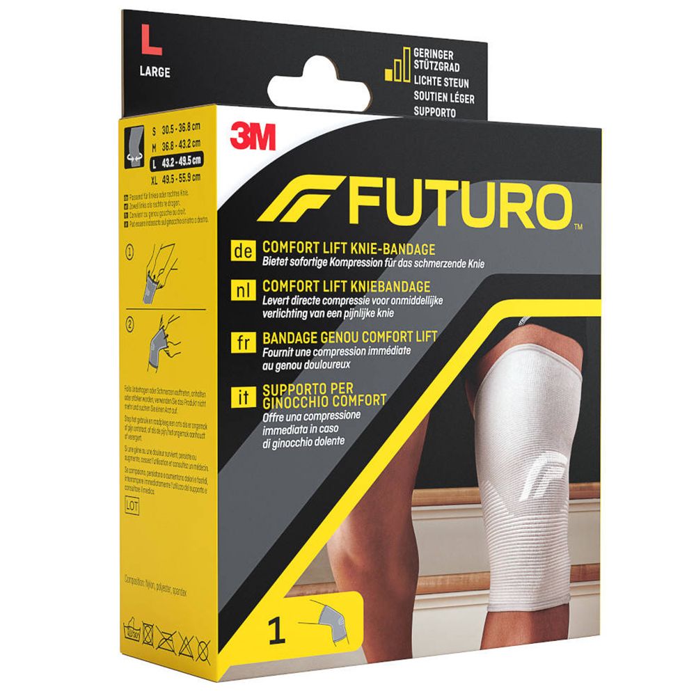 Emballage de bandage de genou. Tailles S, M, L, XL. Marque FUTURO, logo 3M. Texte: Comfort Lift Knie-Bandage.
