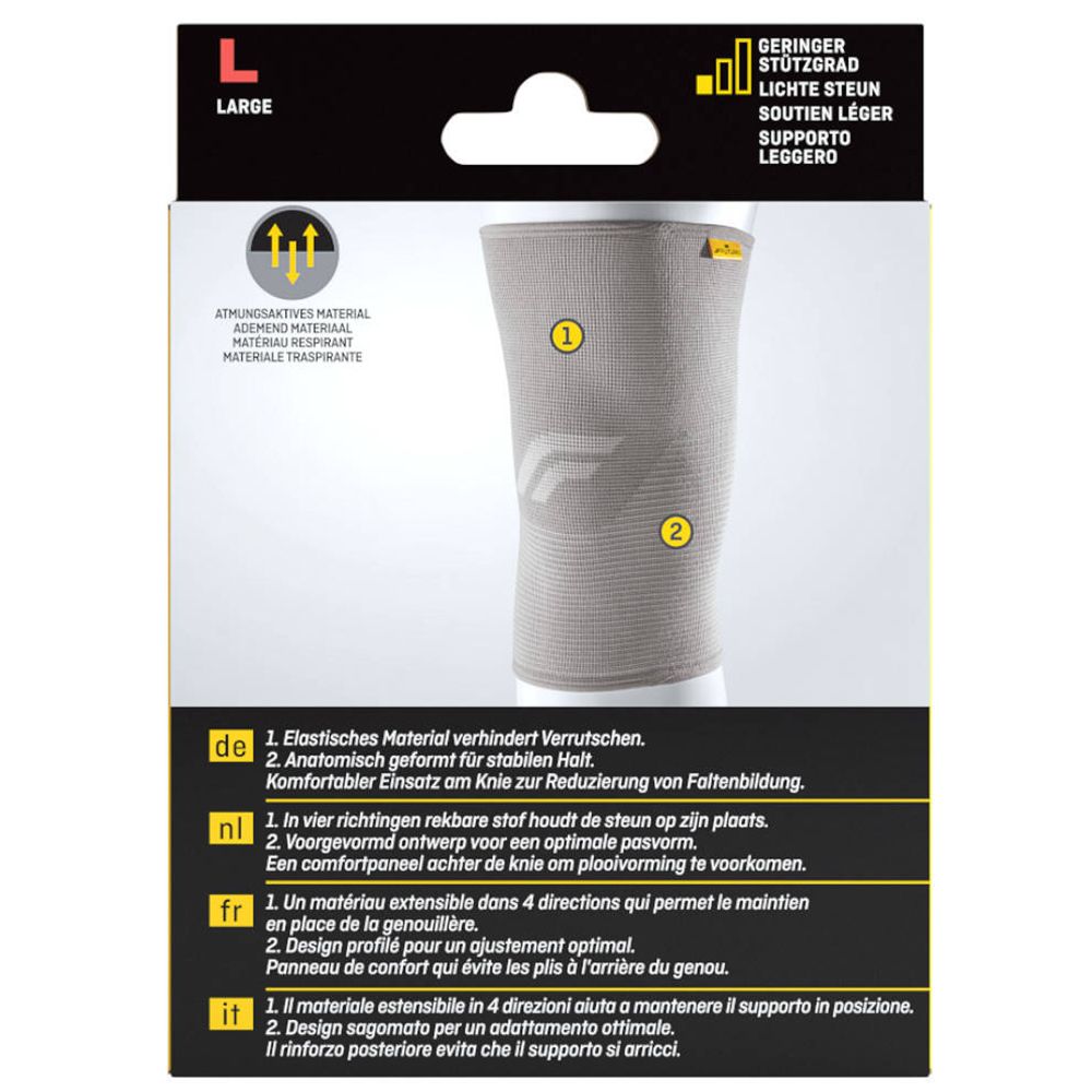 Dos du bandage de genou. Bandage gris avec marquages jaunes. Texte: Matériau respirant. Logo FUTURO.