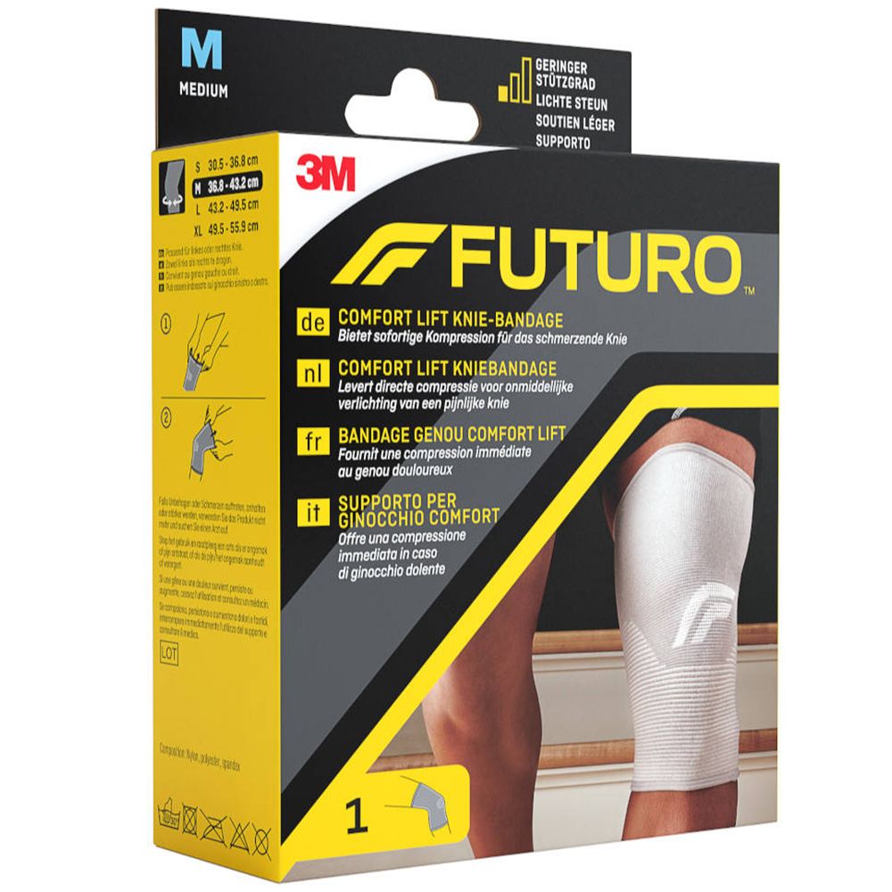 3M FUTURO™ Comfort Lift Kniestütze, Größe M, in Verpackung. Produktabbildung mit Bein. Größenangaben: S, M, L, XL.