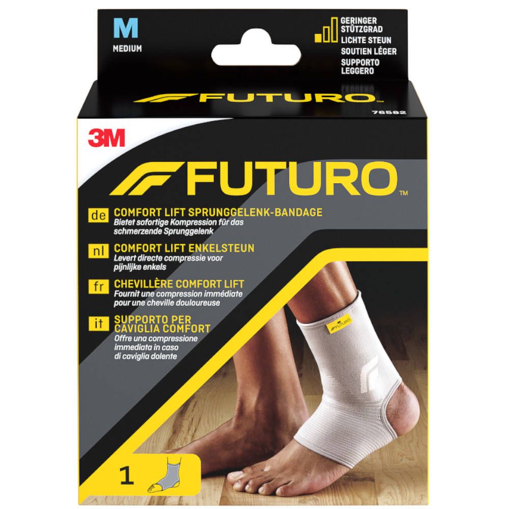 3M FUTURO Comfort Lift Enkelbandage, maat M, in verpakking. Productafbeelding op voet. Zwart-gele verpakking.