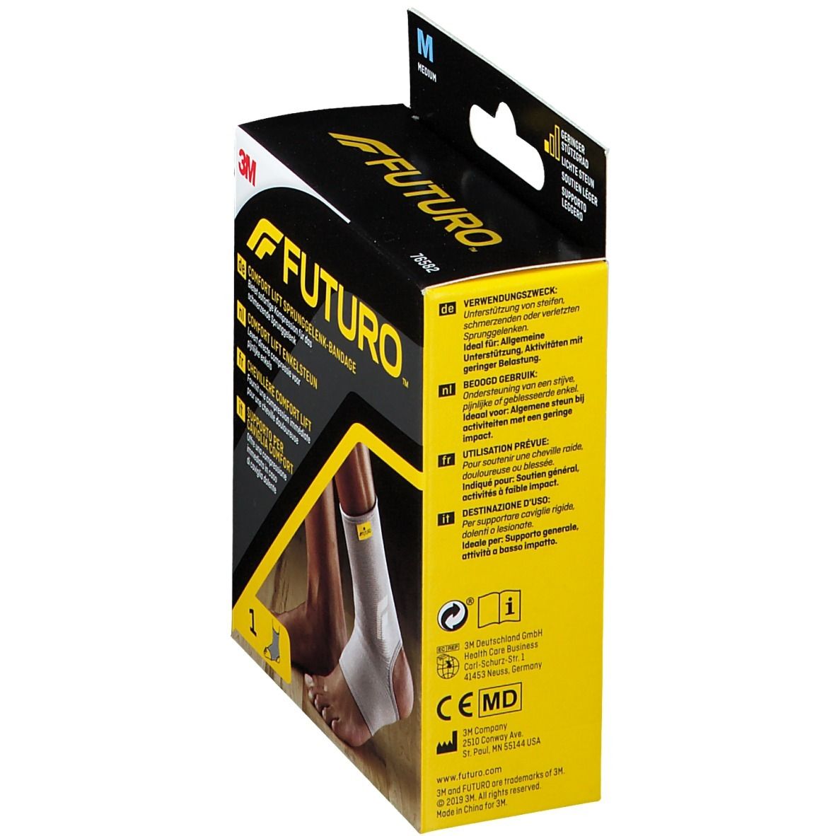 3M FUTURO Comfort Lift Knöchelbandage, Größe M, Verpackung. Seitenansicht mit Produktinformationen und CE-Kennzeichnung.