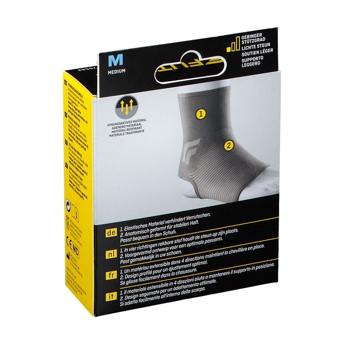 3M FUTURO Comfort Lift Knöchelbandage, Größe M, Rückseite der Verpackung. Produktabbildung und Beschreibung.