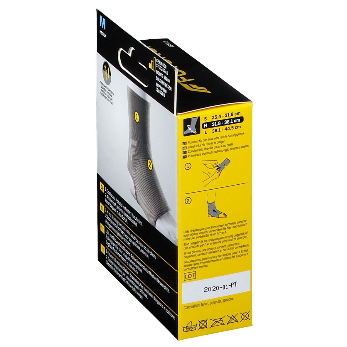 3M FUTURO Comfort Lift Knöchelbandage, Größe M, Verpackung. Seitenansicht mit Größenangaben und Anwendungshinweisen.