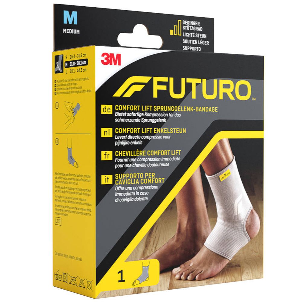3M FUTURO Comfort Lift Enkelbandage, maat M, in verpakking. Productafbeelding op voet. Zwart-gele verpakking.