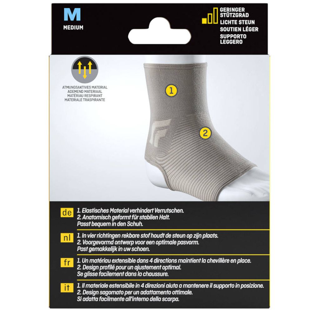 3M FUTURO Comfort Lift Enkelbandage, maat M, in verpakking. Productafbeelding op voet. Zwart-gele verpakking.