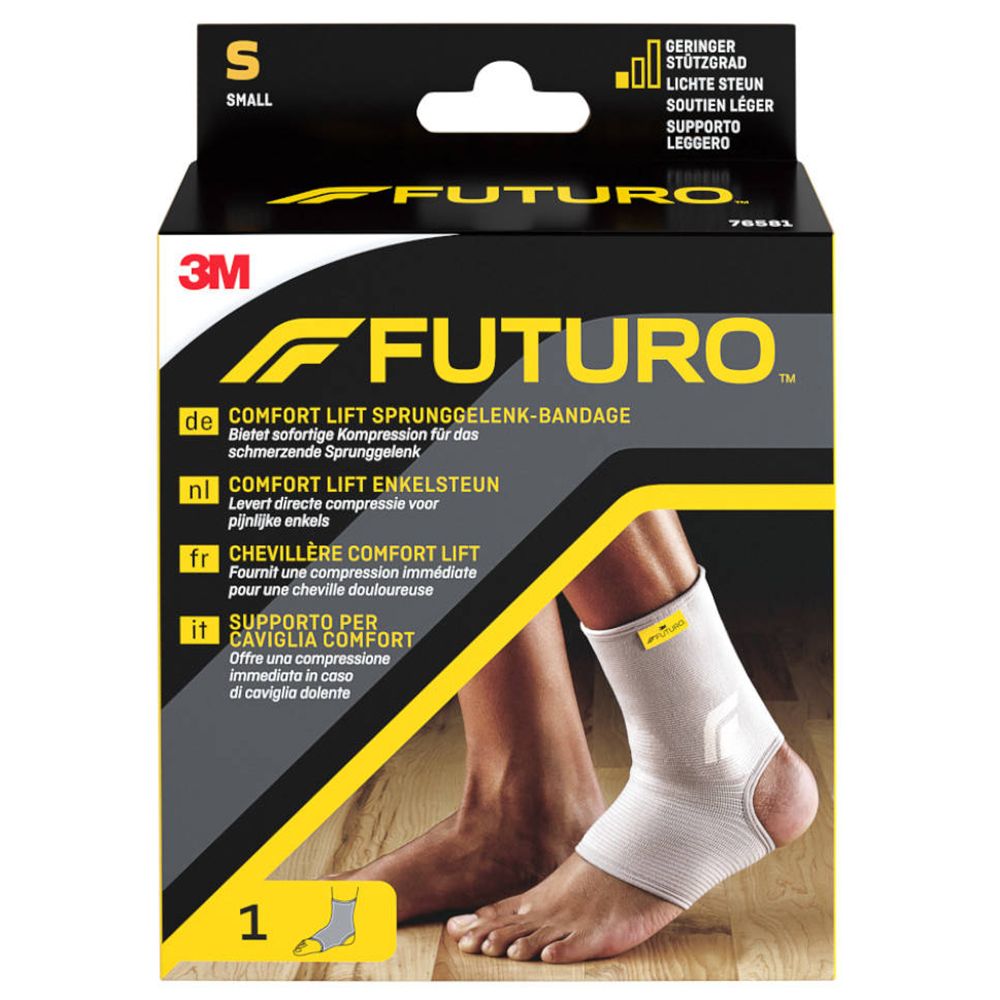 Boîte de la chevillère 3M FUTURO Comfort Lift, taille S. Bandage beige. Emballage noir avec nom du produit et logo.