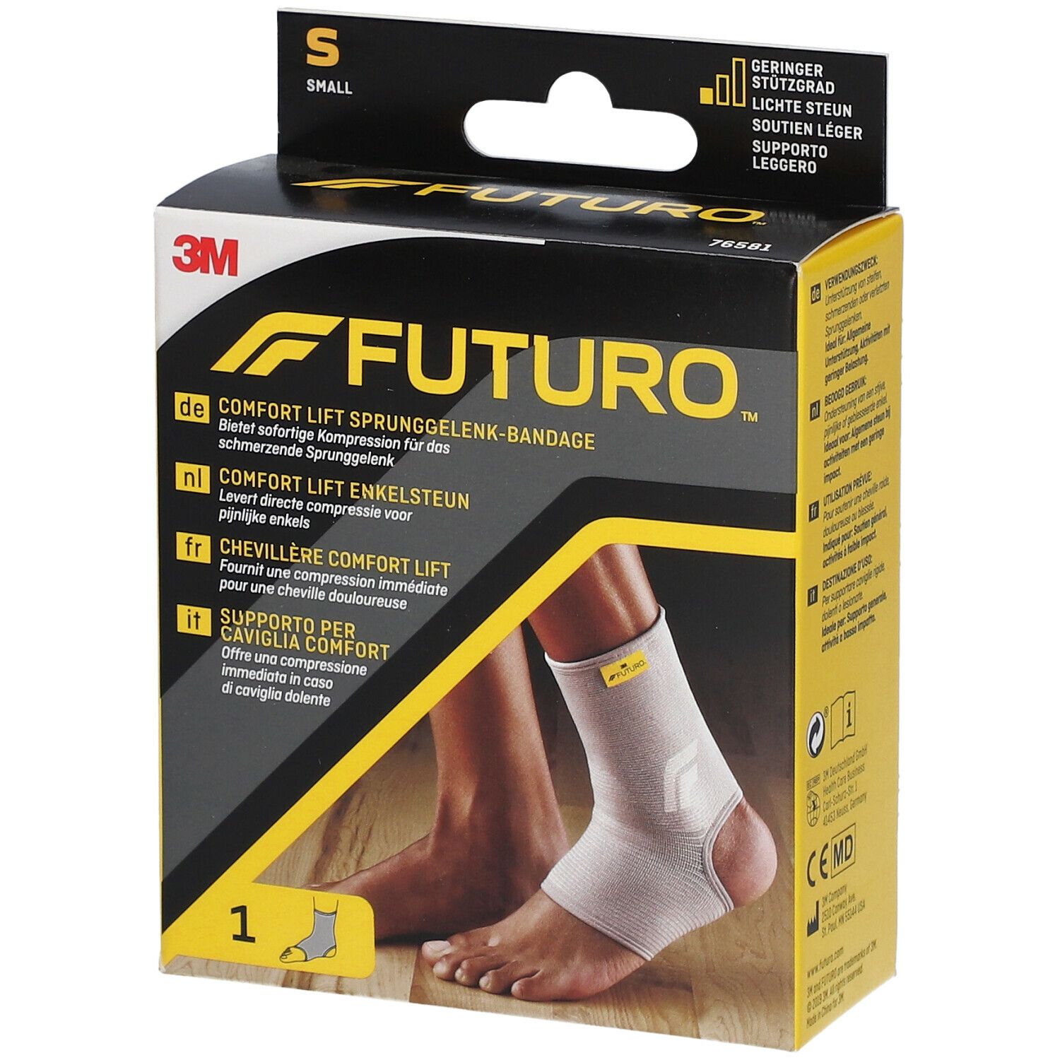 Boîte de la chevillère 3M FUTURO Comfort Lift, taille S. Bandage beige. Emballage noir avec nom du produit et logo.