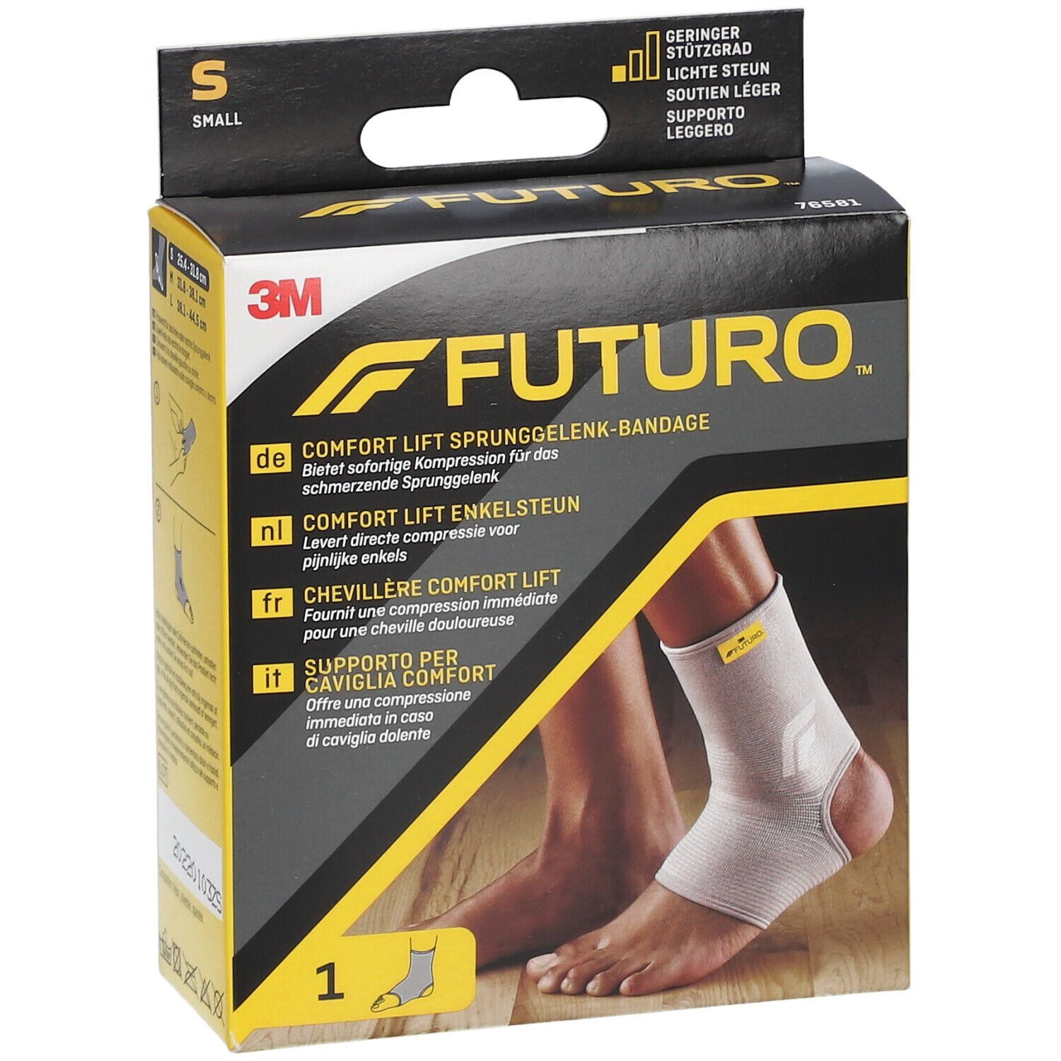 Boîte de la chevillère 3M FUTURO Comfort Lift, taille S. Bandage beige. Emballage noir avec nom du produit et logo.