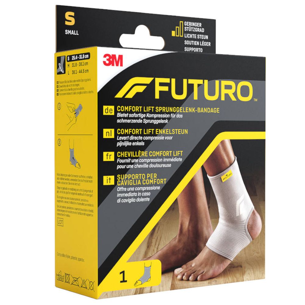 Boîte de la chevillère 3M FUTURO Comfort Lift, taille S. Bandage beige. Emballage noir avec nom du produit et logo.