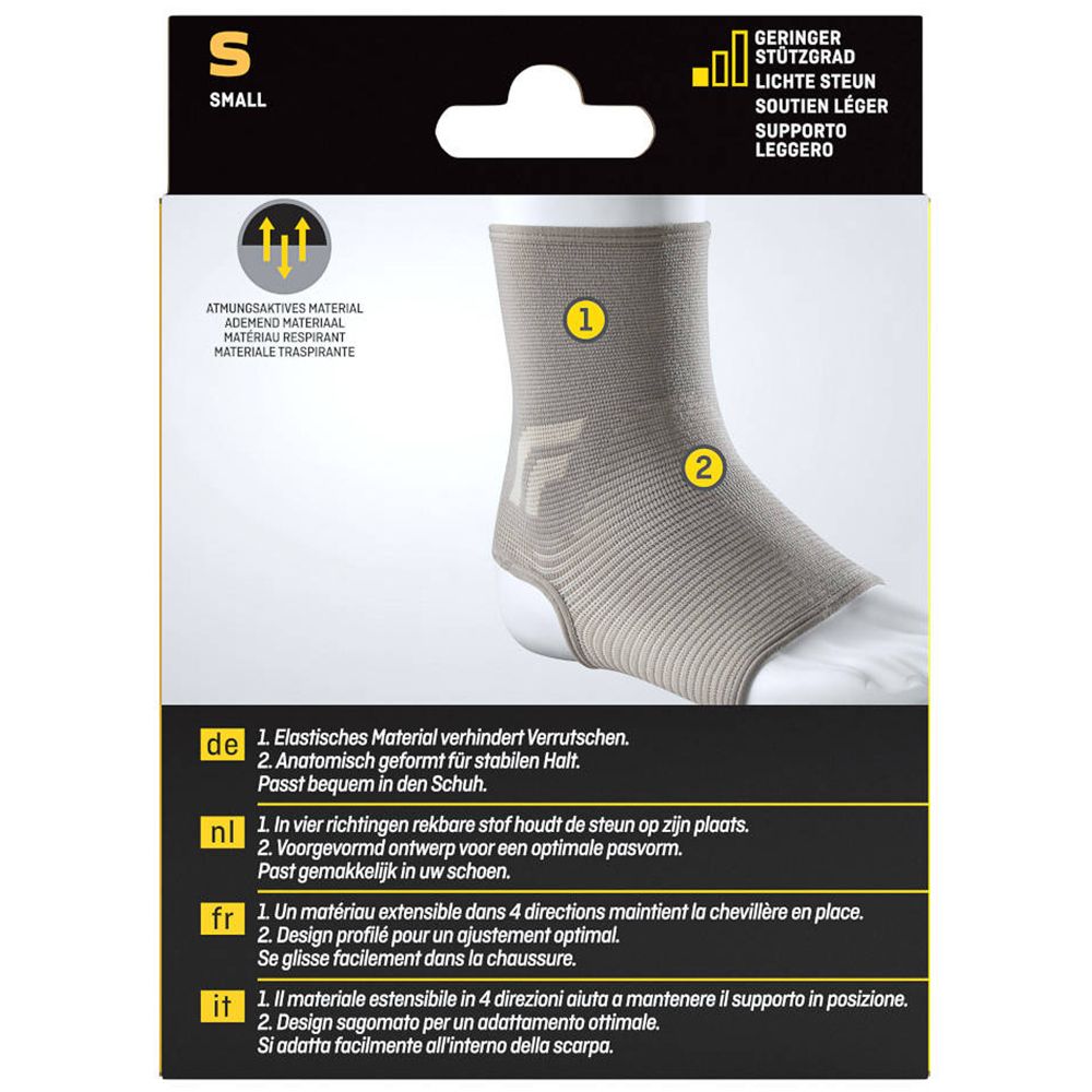 Vue arrière de la chevillère 3M FUTURO Comfort Lift. Beige, matière respirante. Forme anatomique. Texte multilingue.