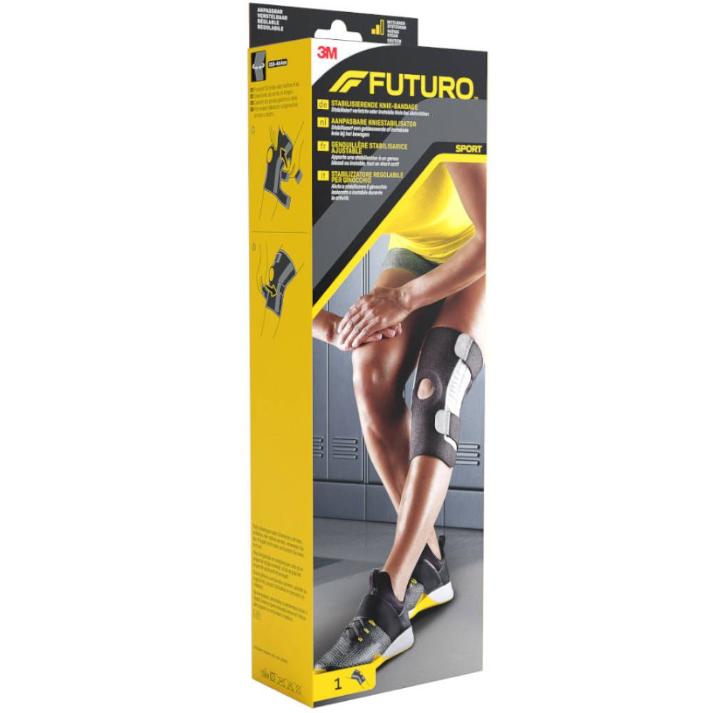 3M Futuro Sport Knieschoner, verstellbar. Verpackung mit Produktabbildung und Anwendungsbeispielen. Gelber Hintergrund.