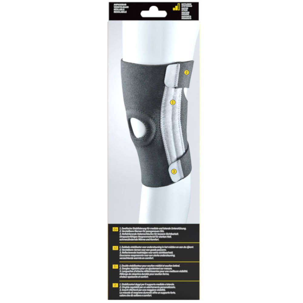 3M Futuro Sport Knieschoner, verstellbar. Kniebandage auf einem Bein. Graues Material, weißer Einsatz, Klettverschlüsse.