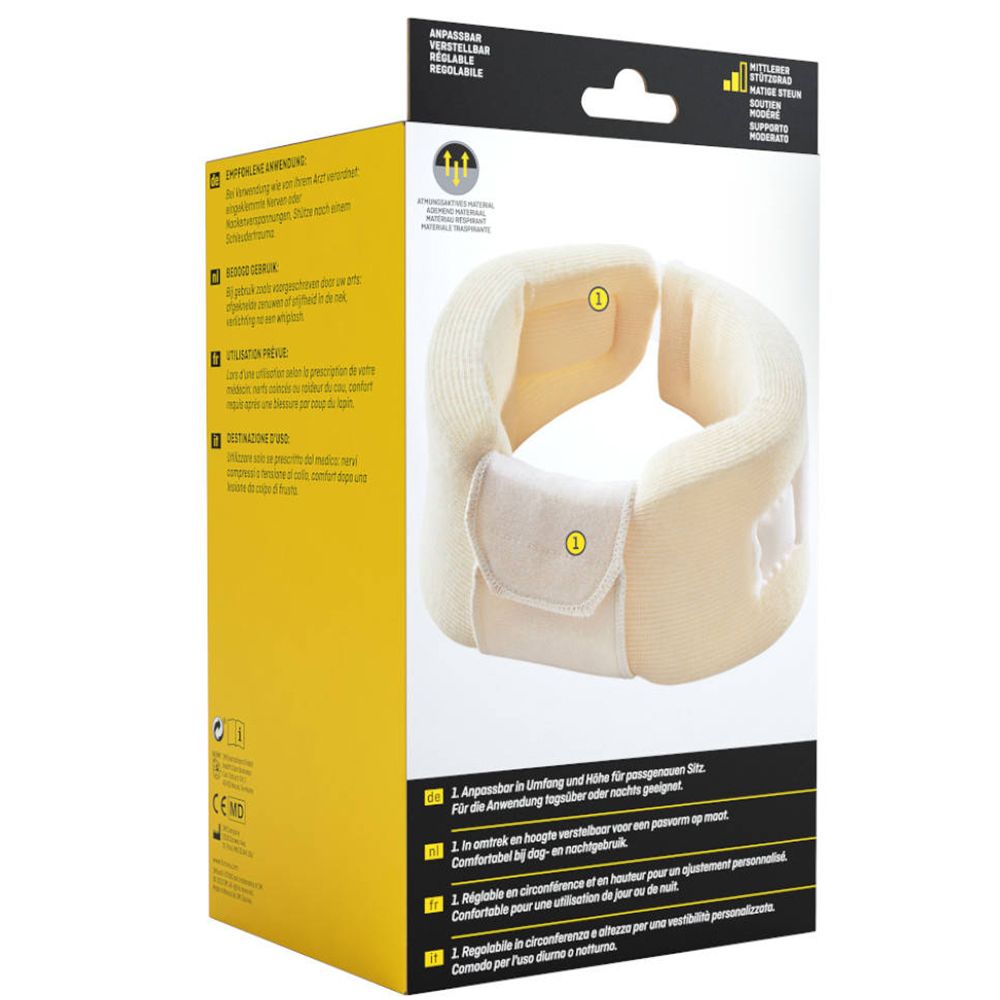 Rückseite der Verpackung der 3M™ Futuro™ Halsmanschette. Produktansicht. Text: Anpassbar, Verstellbar, Regulierbar, Verstelbaar. Produkt mit nummerierten Merkmalen.