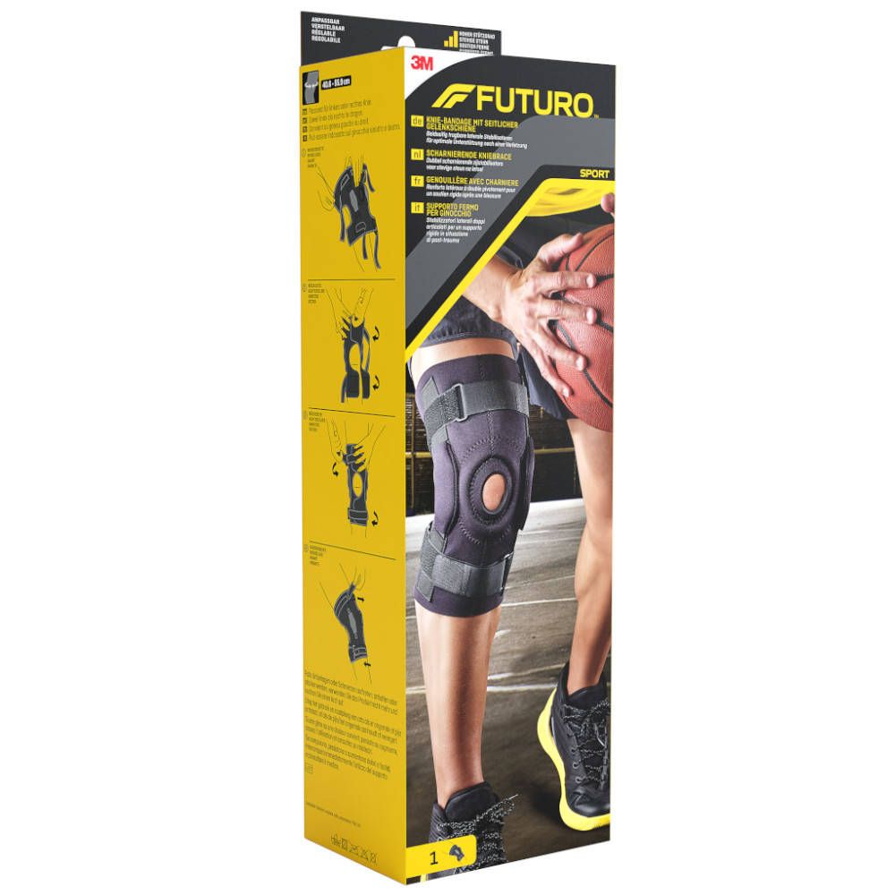 3M Futuro Sport Kniebandage. Verpackung mit Produktabbildung, Basketballspieler und Produktinformationen.