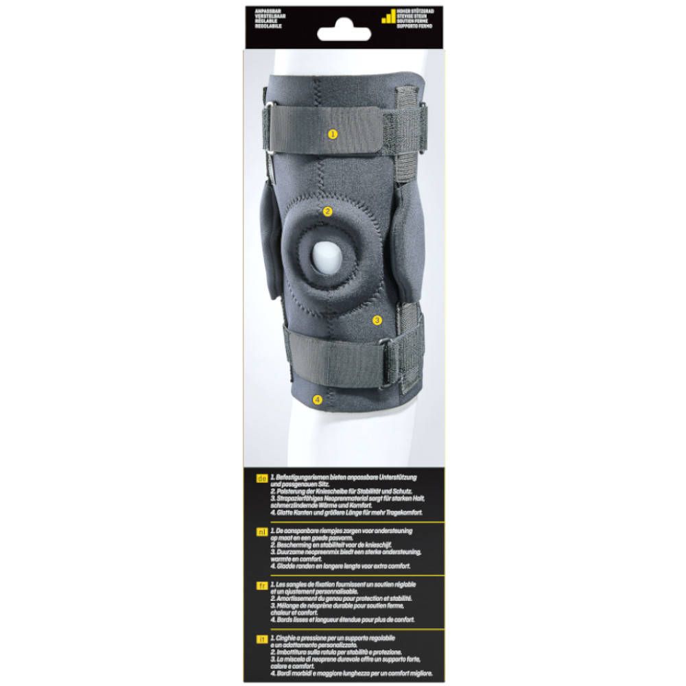3M Futuro Sport Kniebandage. Rückseite der Verpackung mit Produktabbildung und Produktinformationen.