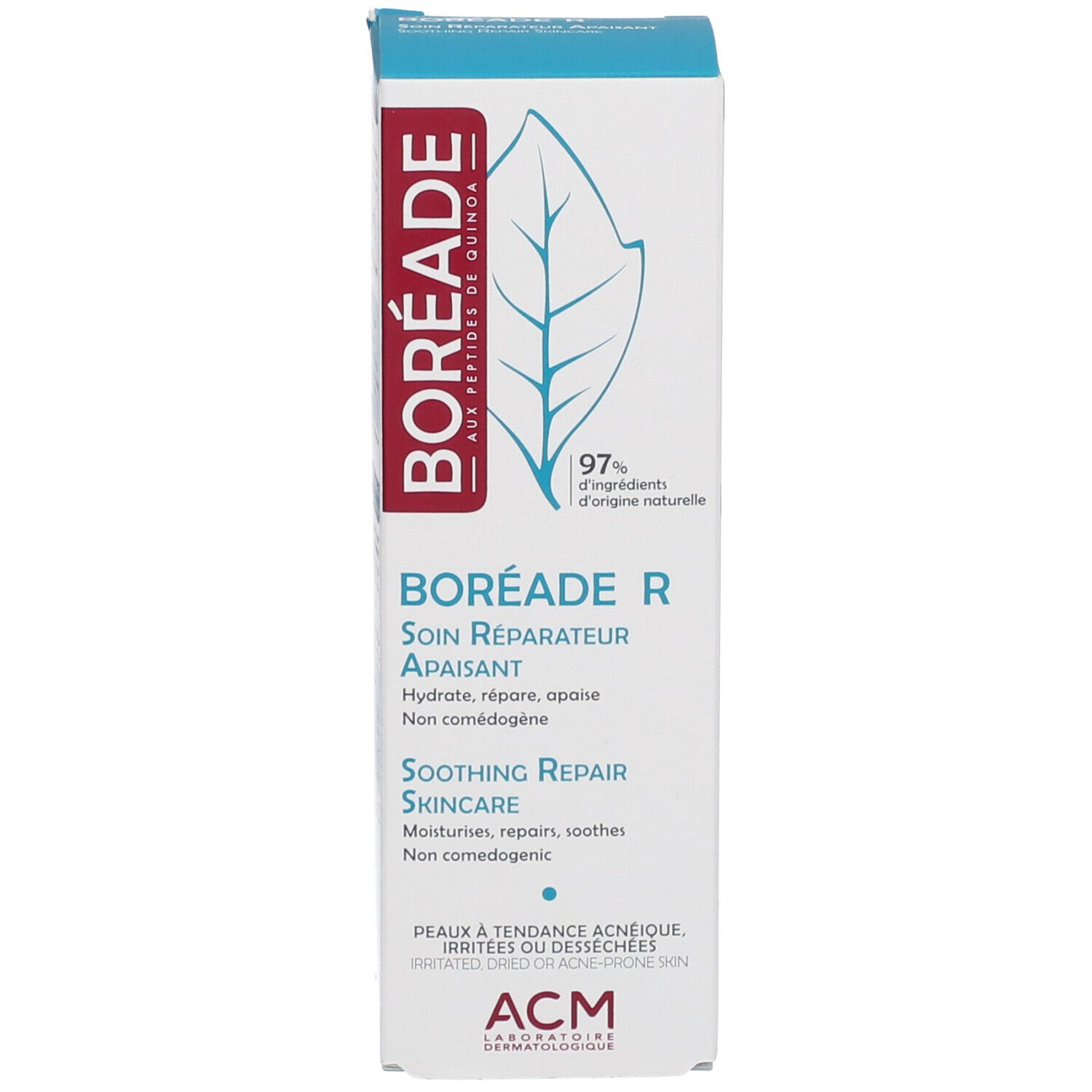 Doos met blauw deksel. Productnaam: BOREADE R. Tekst: Soin Réparateur Apaisant. Logo: ACM. 97% ingrediënten van natuurlijke oorsprong.