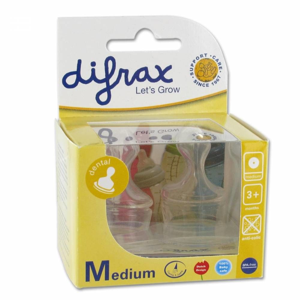Verpackung mit Babyflaschensauger. Aufschrift "difrax Let's Grow". Gelbe Verpackung mit transparentem Fenster. Aufdruck "Medium" und Altersempfehlung.