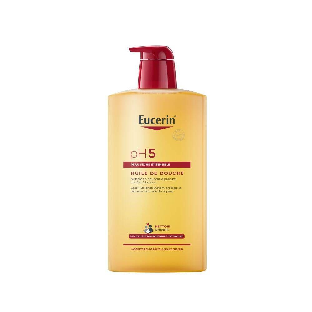 Flacon jaune avec pompe rouge. Eucerin pH5, huile de douche, pour peaux sèches et sensibles.