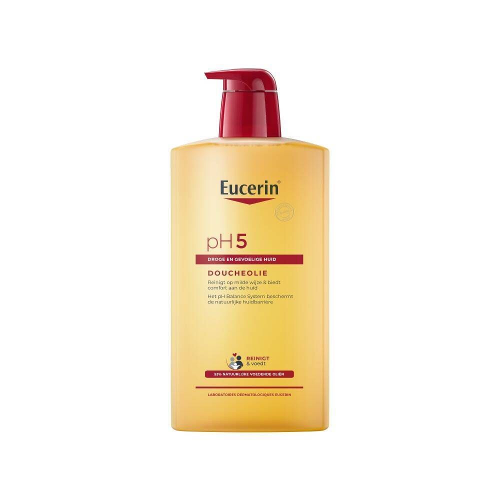 Gele fles met rode pomp. Eucerin pH5, douche-olie, voor de droge, gevoelige huid.