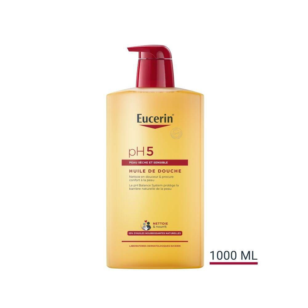 Flacon jaune avec pompe rouge. Eucerin pH5, huile de douche, 1000 ml.