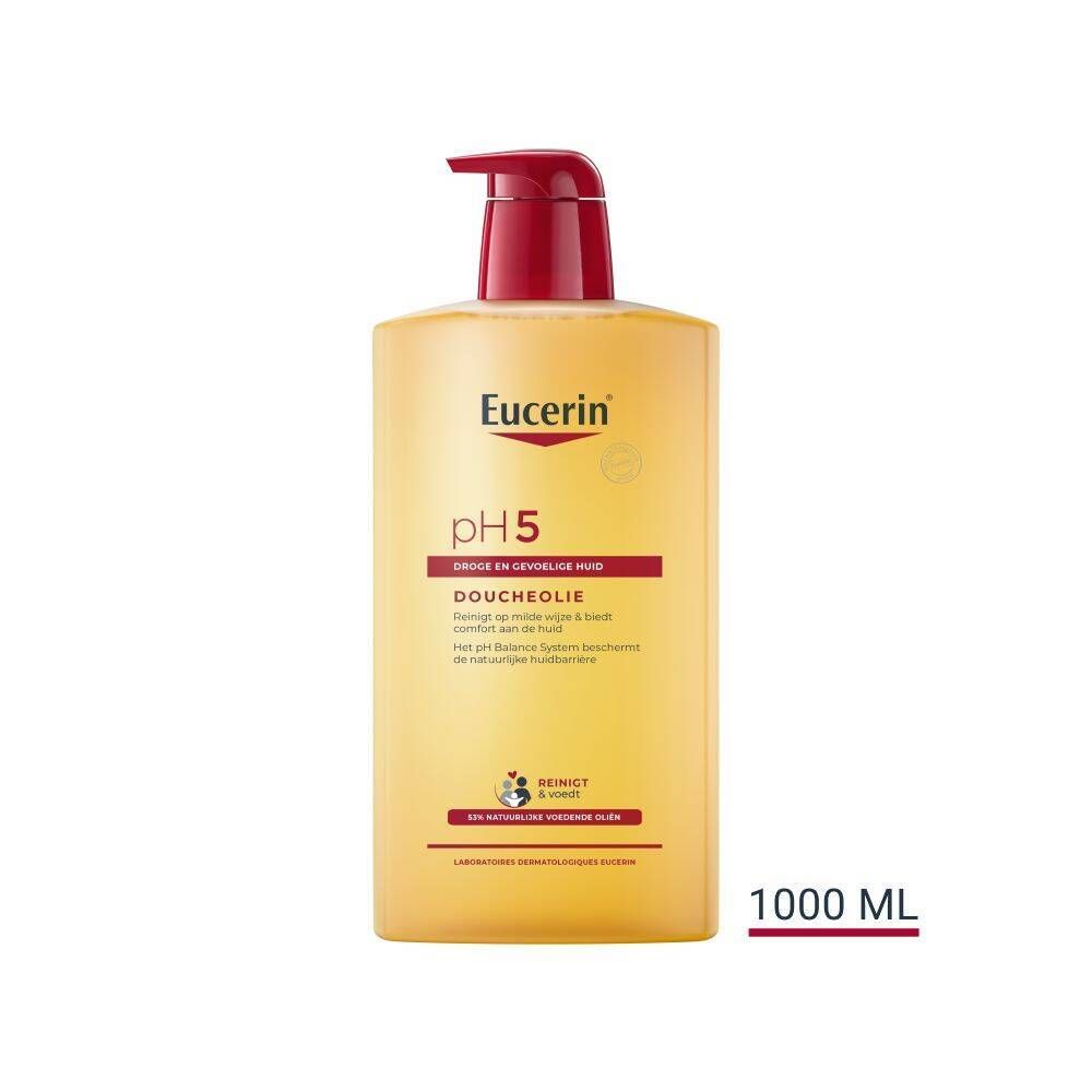 Gele fles met rode pomp. Eucerin pH5, douche-olie, 1000 ml.