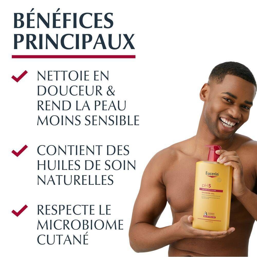 Homme tenant un flacon Eucerin pH5. Texte : Avantages : Nettoie en douceur, rend la peau moins sensible.