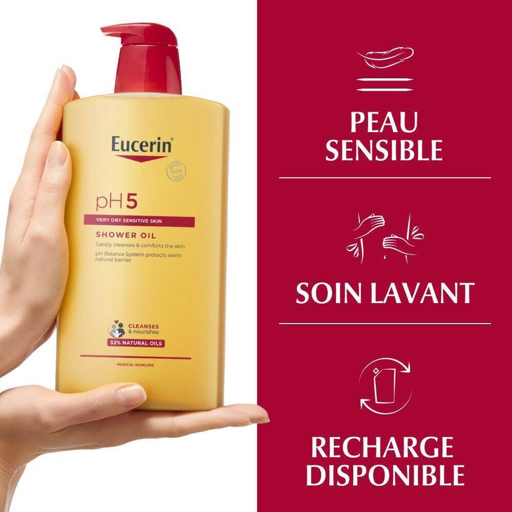 Main tenant un flacon jaune Eucerin pH5. Texte : Peau très sèche, huile de douche, nettoie et protège.