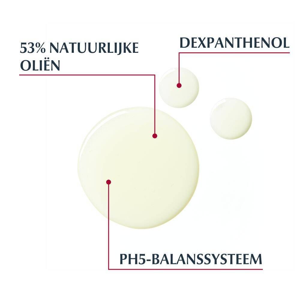 Close-up van druppels. Tekst: 53% natuurlijke oliën, Dexpanthenol, pH5 Balance System.