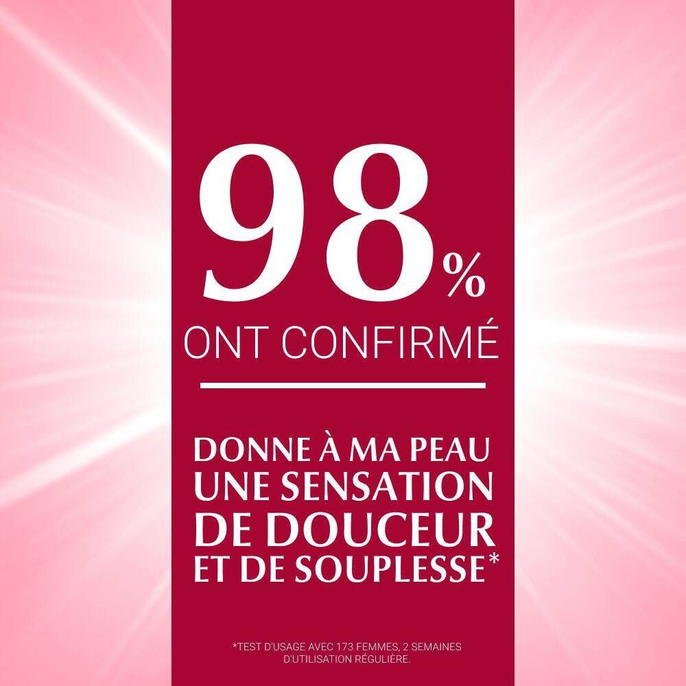 Texte sur fond rose. 98% confirment qu'il donne à la peau une sensation de douceur.