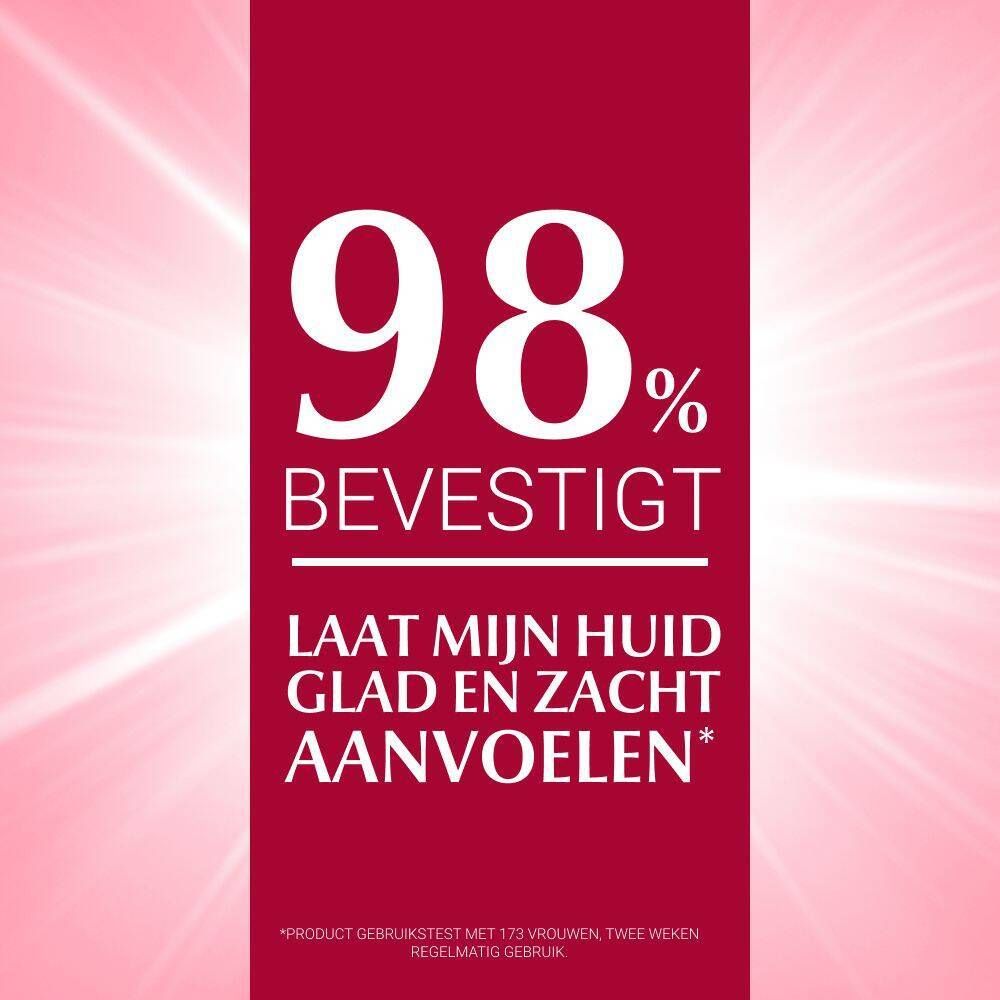 Tekst op roze achtergrond. 98% bevestigen dat het de huid zacht aanvoelt.