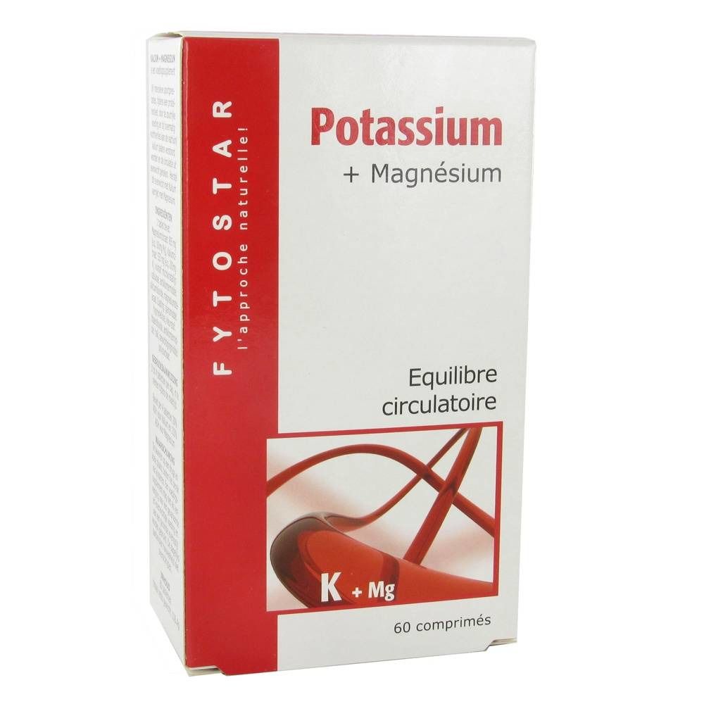 Boîte "Potassium + Magnésium". Bande rouge avec "FYTOSTAR". En bas "60 comprimés". Illustration: système vasculaire.