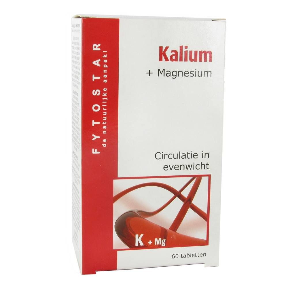 Boîte "Kalium + Magnésium". Bande rouge avec "FYTOSTAR". En bas "60 tabletten". Illustration: système vasculaire.