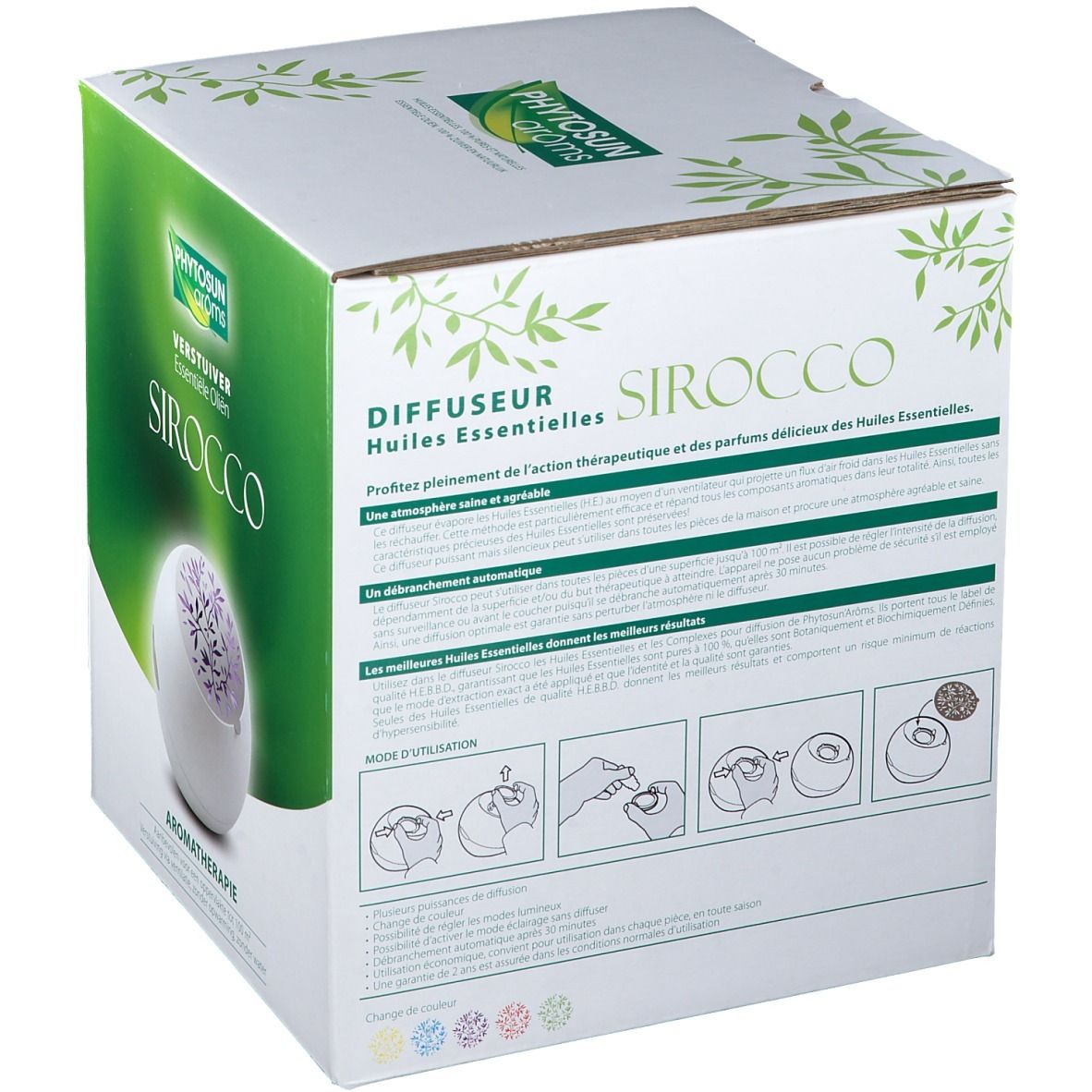 Achterkant van de verpakking. Tekst: Diffuseur Huiles Essentielles, SIROCCO. Gebruiksillustraties. Merk: Phytosun arôms. Aromatherapie.